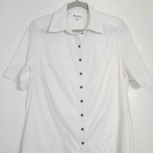 Meme Chose White Shirt Short Sleeve Medium Black Buttons Front Cotton Stretchy
